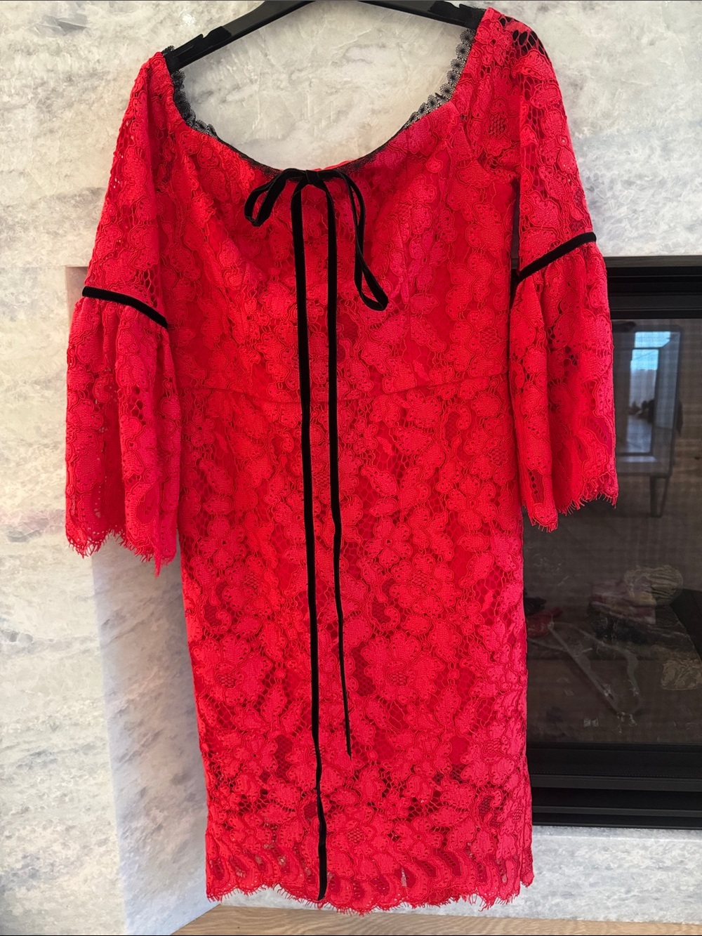 Alexis Red Satin Dress with Black Lace Trim